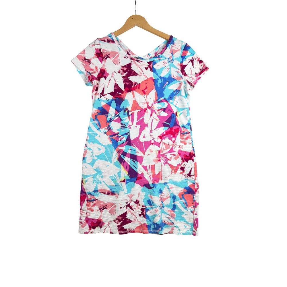 Talbots Floral Print Knee Length Criss Cross Back Dress size Medium Petite White